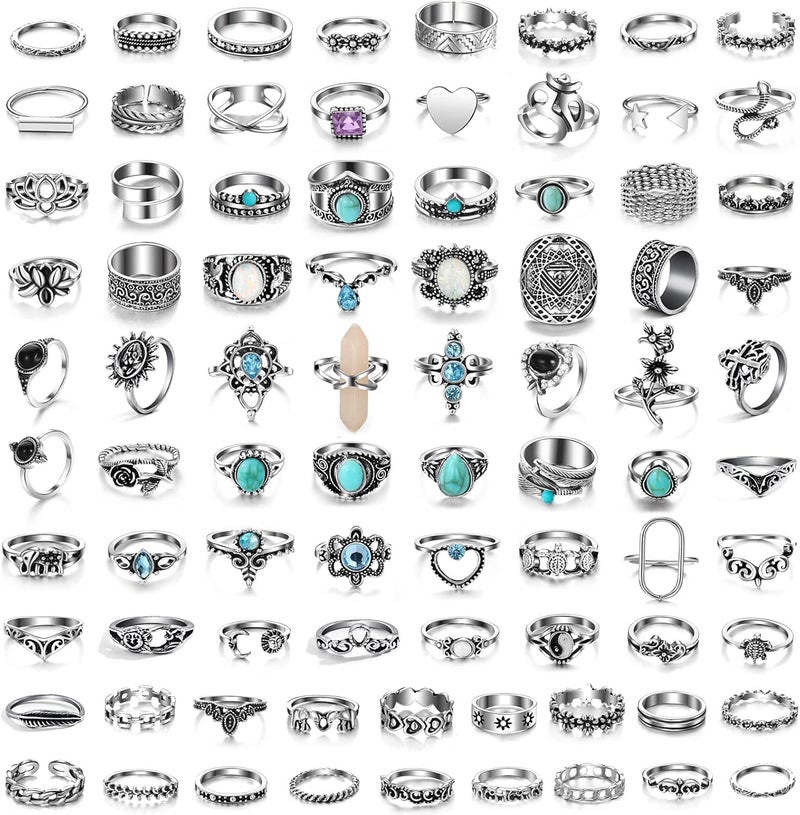 17IF Vintage Silver Knuckle Rings Set for Women Men, Chunky Rings Aesthetic Snake Grunge Stackable Gothic Ring Adjustable Y2K Punk Bulky Boho Finger Alt of Rings, Stacking Fairy Skull Frog Heart Star Flower Midi Ring Pack - Image 1